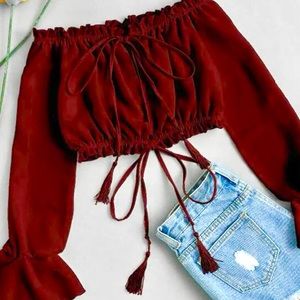 SHEIN Plus Chiffon Tassel Tie Frill Bardot Top